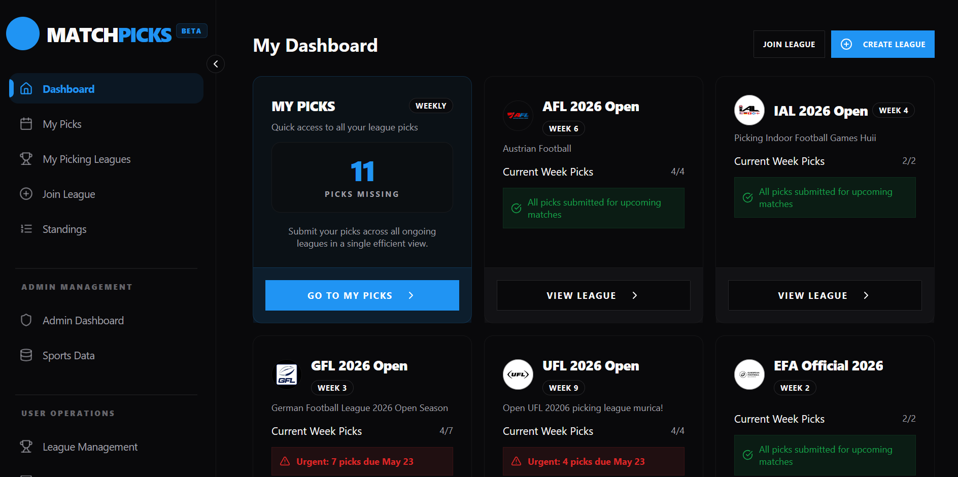 Dashboard overview: the main landing page for players, with active leagues and the number of picks still missing.