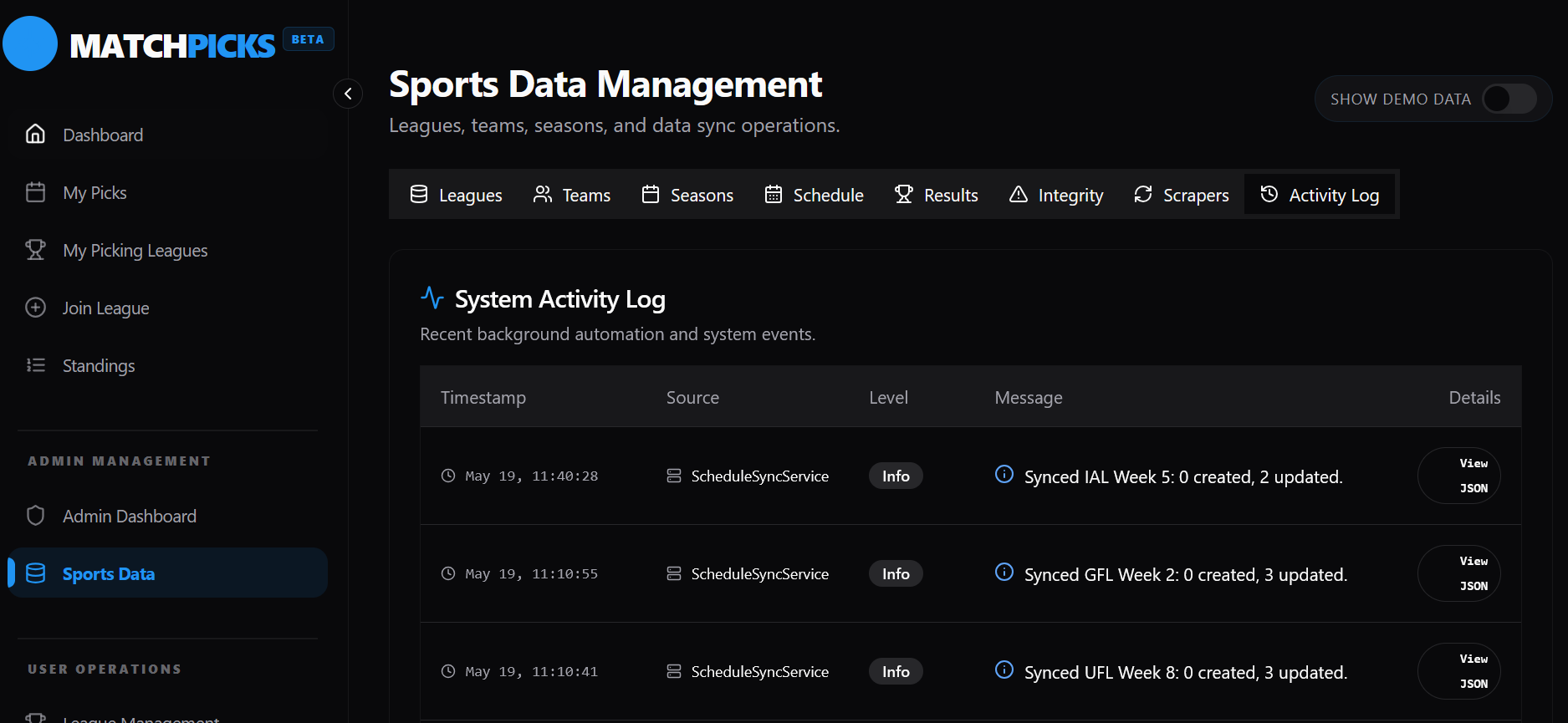 Sports data management: the back-office area for leagues, seasons, schedules, results, scrapers, and activity logs.