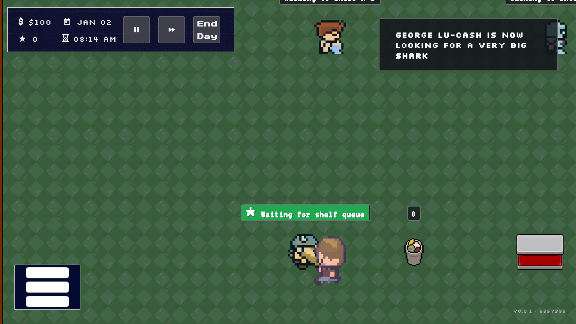 Living store simulation: Customers, employees, time, and store systems running together.